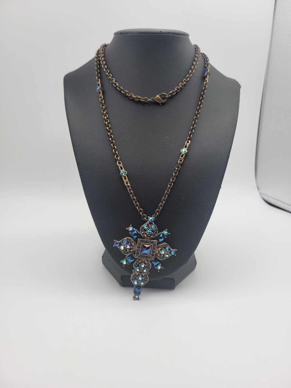 Vintage Sweet Romance U.S.A Blue Iridescence Long Cross Necklace